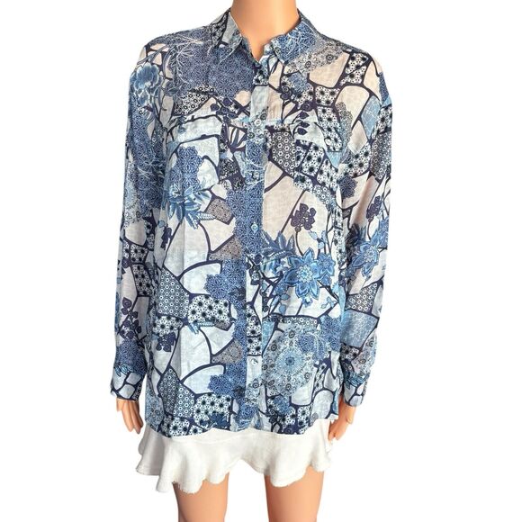 NWT Johnny Was Size S Blue Floral Pattern Long Sleeve Button Shirt Blouse $318 - Picture 2 of 6